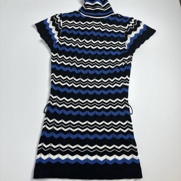 90s Y2K Vintage Mock Neck Turtleneck Tunic Top Small Blue Black Striped Retro - Picture 5 of 7